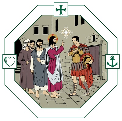 Strömmad gudstjänst Jesus, tre lärjungar och en romersk soldat