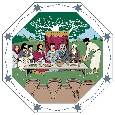 Jesus och några gäster firar måltid vid bröllopet i Kana