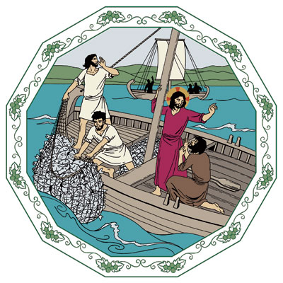 Jesus  i en båt med fiskare som drar in fångsten