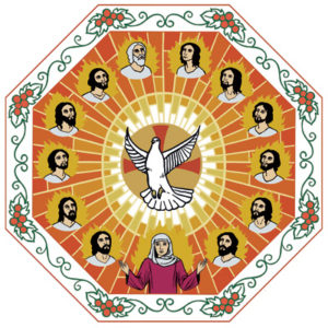 Strömmad gudstjänst tolv lärjungar och Jesus i en ring, den helige Anden i form av en duva skickar eldslågor mot dem